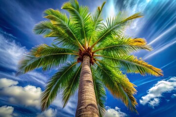 Naklejka premium Majestic Long Exposure of a Tall Palm Tree with Lush Green Branches Swaying Against a Clear Blue Sky, Capturing Nature's Beauty in Motion and Serenity
