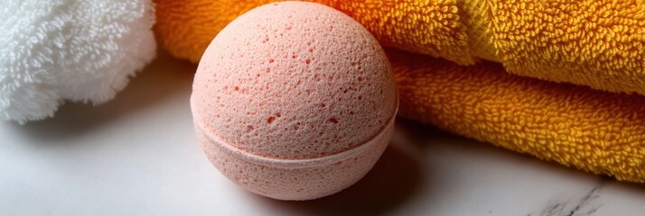 Neon spa essentials flat lay with bright pink bath bomb and towels for relaxation and wellness