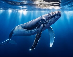 Naklejka premium a blue whale floating in the deep sea