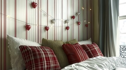 Romantic Bedroom with Red and Grey Heart Decorations.
