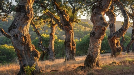 Fototapeta premium Elegant Cork Oak Trees in Sunlit Landscape