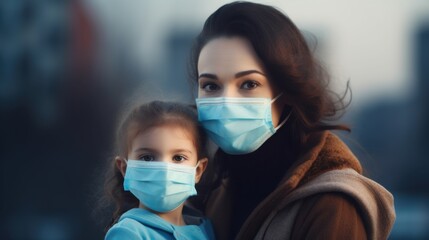 Mother and daughter wearing medical masks during coronavirus pandemic.