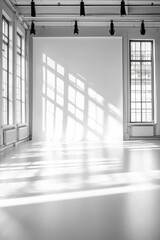 Sunlight streaming through windows in an empty room.