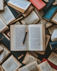 Obraz premium An open book surrounded by various closed books and a pen, symbolizing study and knowledge.