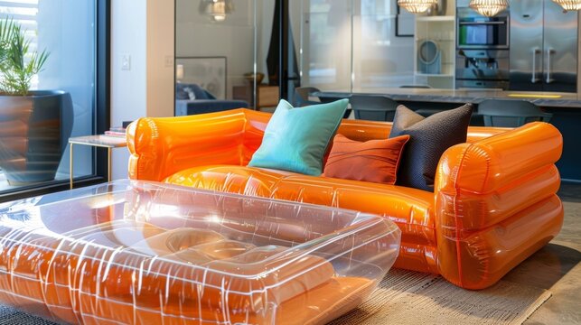 A modern twist on a classic living room with a minimalist clear inflatable sofa paired with a vibrant orange inflatable coffee table.