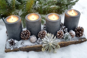 Elegant Advent decoration featuring four grey candles, pine cones, and Christmas ornaments arranged in the snow for the fourth Advent