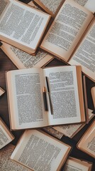 Obraz premium A collection of open books with a pen, symbolizing study and knowledge.