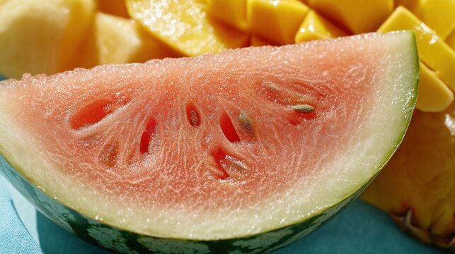 Tropical fruit feast with neon accents in a refreshing flat lay for summer vibes