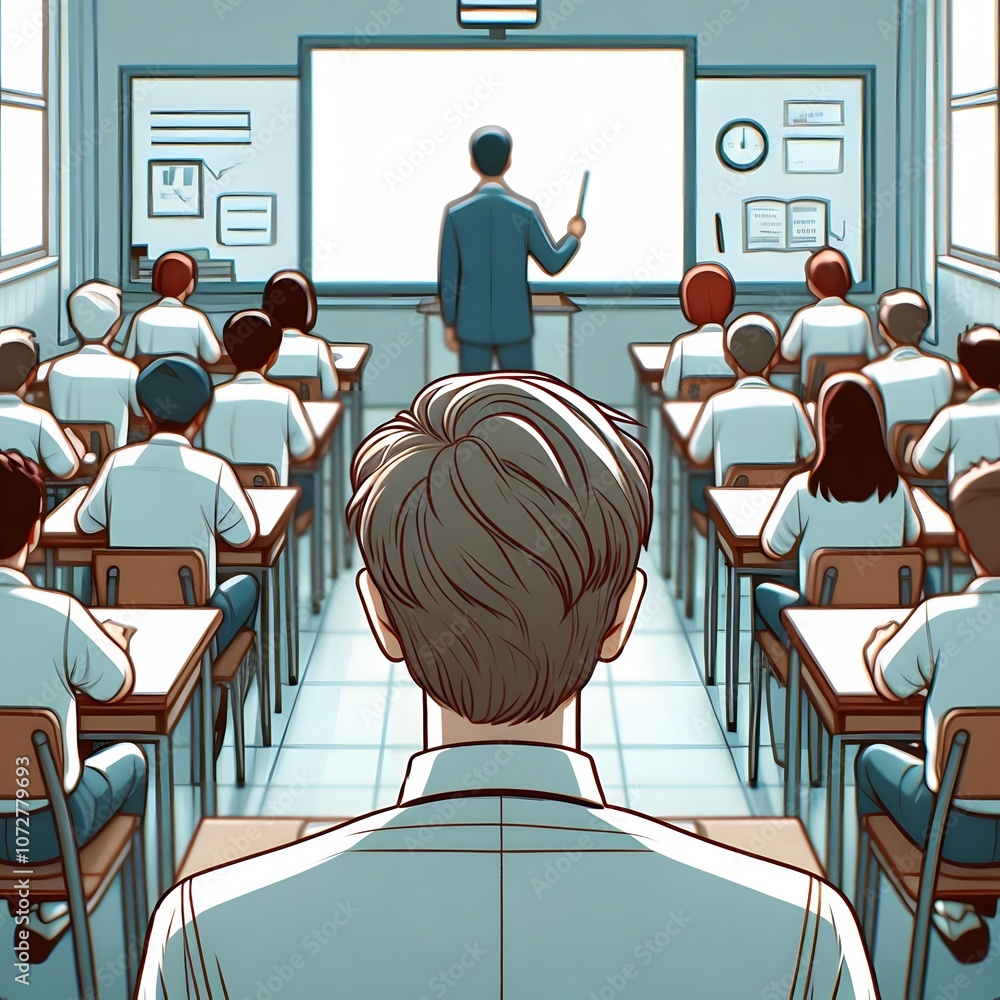 Poster Rear view of student sitting in a classroom and listening to a lecture generated by AI