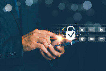 Cyber security and data protection on internet. Person touching virtual shield, secure access,...
