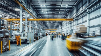Fototapeta premium Very realistic and photographic photo of a modern warehouse with motion-blurred workers and machinery, conveying the energy of a bustling operation The long exposure shot highlights the flow of