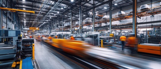 Very realistic and photographic photo of a sleek warehouse, filled with blurred workers and automation machinery The long exposure captures the swift movement and cutting-edge efficiency of the