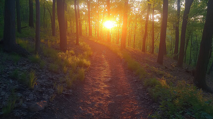 Fototapeta premium A dirt trail in the woods leading to sunlight, surrounded by trees and greenery
