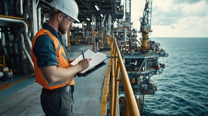 Fototapeta premium Hyperrealistic photo of an offshore oil rig worker taking notes as he observes the drilling process from the platform. With professional color grading and a high-end magazine style, this image