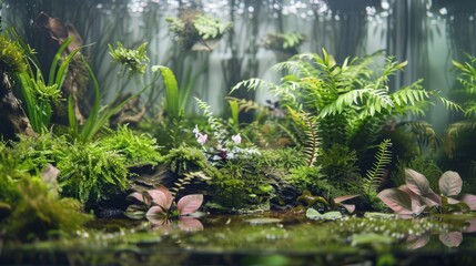 A peaceful oasis where delicate land ferns and moss blend seamlessly with s of delicate aquatic flowers and submerged plants.