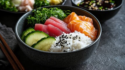 Vibrant japanese cuisine flat lay with sushi and fresh ingredients