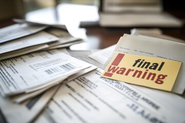 A close-up of overdue bills and debt notices on a table, with a focus on the "final warning" stamp, emphasizing the urgency and pressure of financial stress