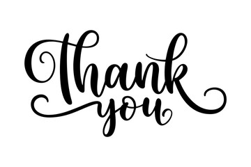 Thank you lettering, text in elegant black calligraphy, perfect for appreciation cards, gift tags, event invitations, and decorations; stylish design for gratitude messages
