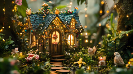 Fototapeta premium Enchanting and magical fairy garden with whimsical decorations and soft lighting. Whimsical. Illustration