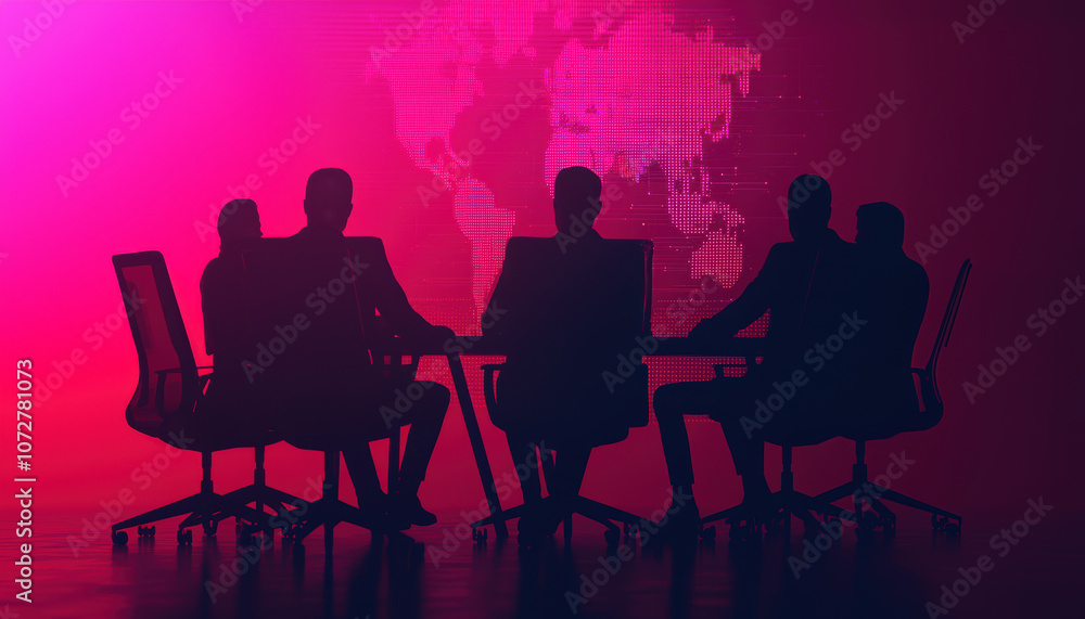 Poster silhouettes of a group in a meeting, with a world map backdrop illuminated in pink hues, creating a 