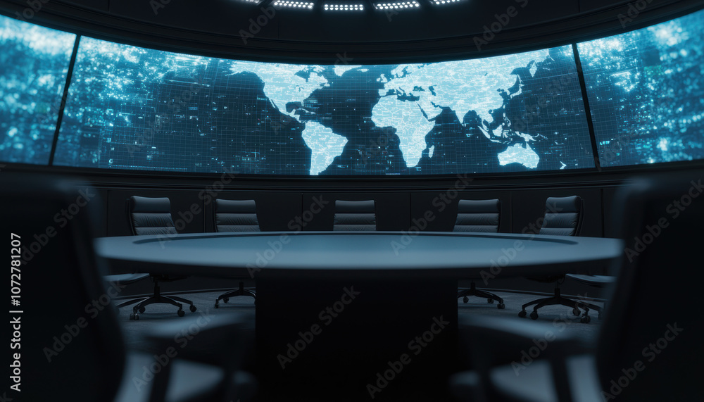 Aufkleber a modern conference room with a large round table and a digital world map displayed on a high-tech s
