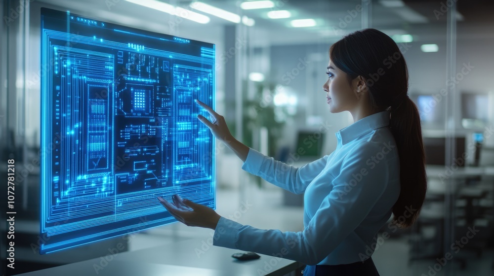 Poster high-resolution photorealistic image of a woman in customer service using a blue digital hologram of