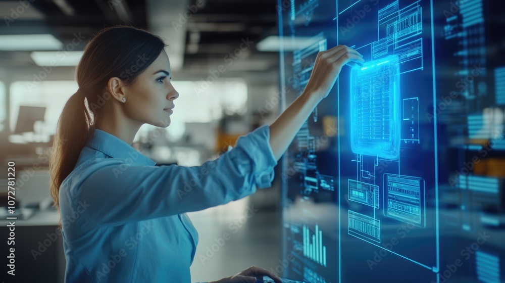 Poster high-resolution photorealistic image of a woman in customer service using a blue digital hologram of