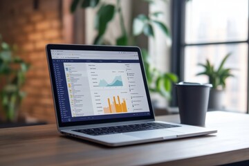 Auto emailing system displayed on a laptop screen amidst indoor plants in a modern workspace during daylight