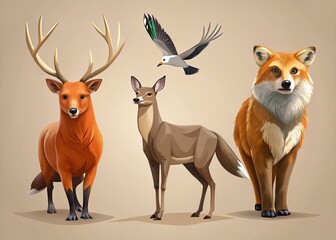 Minimalist Animal Illustrations for Hunting Design, Featuring Stylized Deer, Foxes, Bears, and Birds in Clean Lines and Earthy Tones for Nature-Inspired Projects