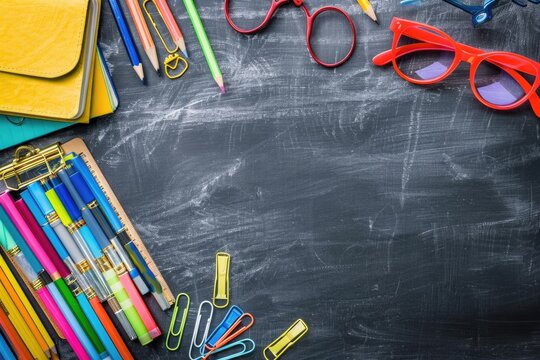 School supplies on a blackboard surface, back to school concept with copy space for educational messages
