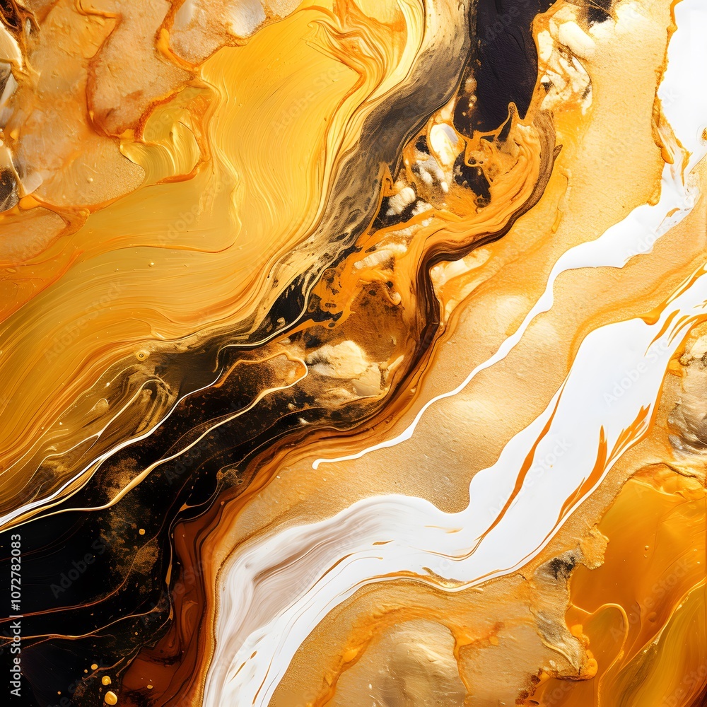 Poster abstract swirling patterns in gold, orange, and black, creating a dynamic visual texture.