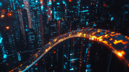 Fototapeta premium Smart digital Innovation Business skyscrapers in the Financial District with connection network reciprocity over the cityscape. of future smart wireless digital city and social media networking