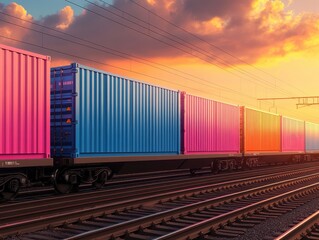Fototapeta premium Colorful Containers on Train During Sunset