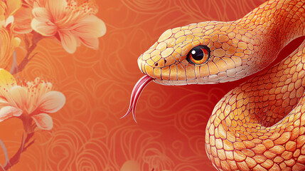 Fototapeta premium Vibrant illustrated banner featuring a golden-scaled snake, perfect for 2025 New Year celebrations, branding, or event promotions with a dynamic floral theme.