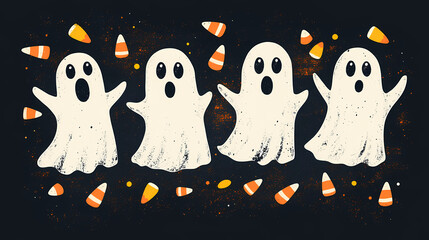 Obraz premium Five white ghosts on a black background with orange and yellow candy corn scattered around. Whimsical. Illustration