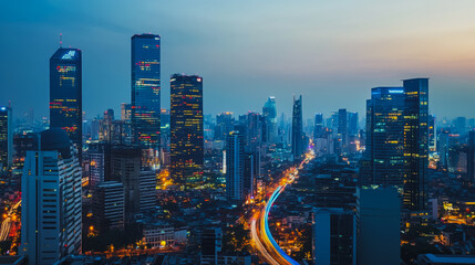 Fototapeta premium Smart digital Innovation Business skyscrapers in the Financial District with connection network reciprocity over the cityscape. of future smart wireless digital city and social media networking