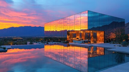 Fototapeta premium Modern Glass House Reflecting Sunset