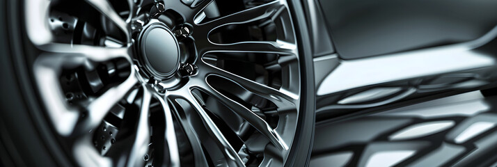 Obraz premium Close-Up View of High-Performance Luxury Vehicle Wheel with Metallic Finishing and Multi-Spoke Design