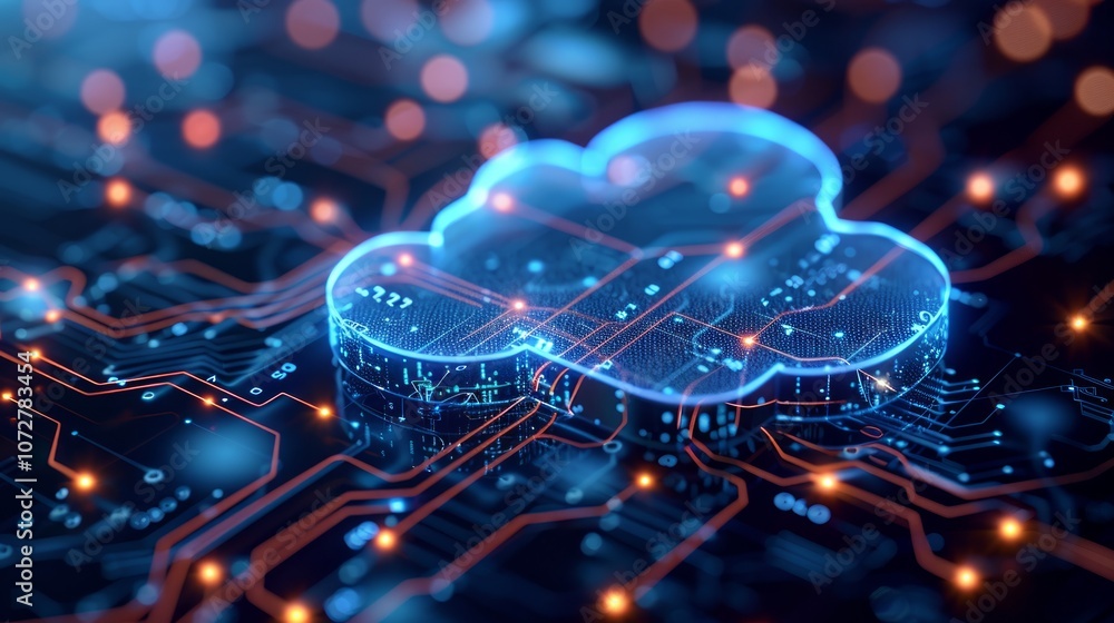 Poster a glowing blue cloud computing symbol rests on a circuit board with glowing orange pathways.