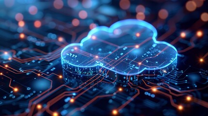 A glowing blue cloud computing symbol rests on a circuit board with glowing orange pathways.