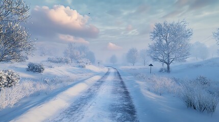 Obraz premium Snow-Covered Road Winding Through a Winter Landscape