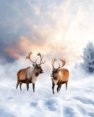 Christmas scene in cozy snowy winter Decorative lighting and charming elements to create a warm and magical atmosphere.