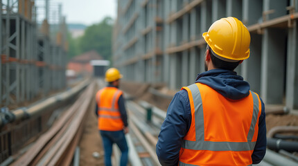 Back view of a construction worker wearing a yellow hard hat and safety vest is working on a building site, handling steel rebar. The background shows scaffolding and other construction activities.