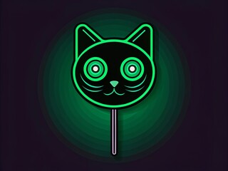 Obraz premium Minimalist Line Art Design Featuring a Stylized Black Cat Head Lollipop with Glowing Green Candy Eyes Against a Simple Background