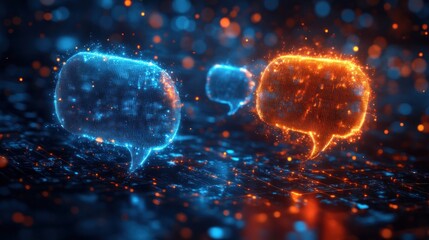 Two glowing speech bubbles in blue and orange against a dark background.