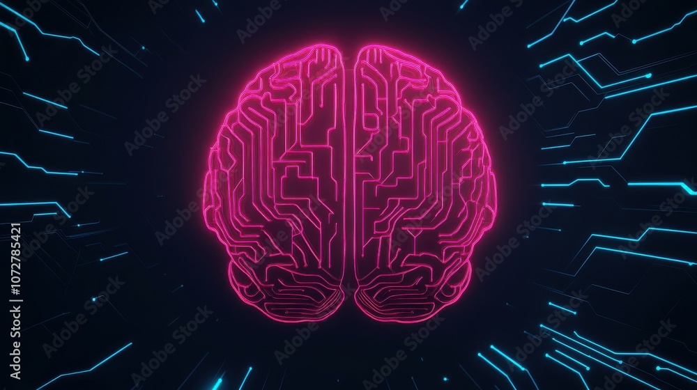 Poster high-tech brain structure with neon circuit lines