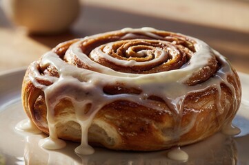 a close up of warm cinnamon roll bathed in sunlight