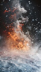 A dynamic explosion of fire and smoke against a dark background, showcasing energy and chaos.