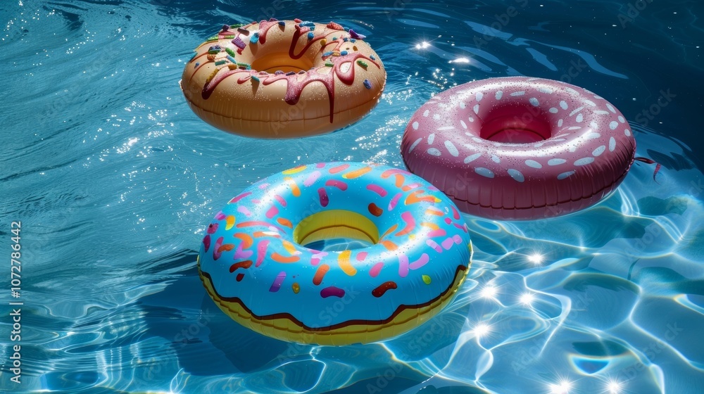 Poster a group of three inflatable donut pool floats their vibrant frosting and sprinkles patterns visible 
