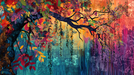 Fototapeta premium Vibrant colorful tree with leaves on hanging branches set against abstract illustration background, showcasing floral patterns with multicolor foliage in whimsical design. Whimsical. Illustration